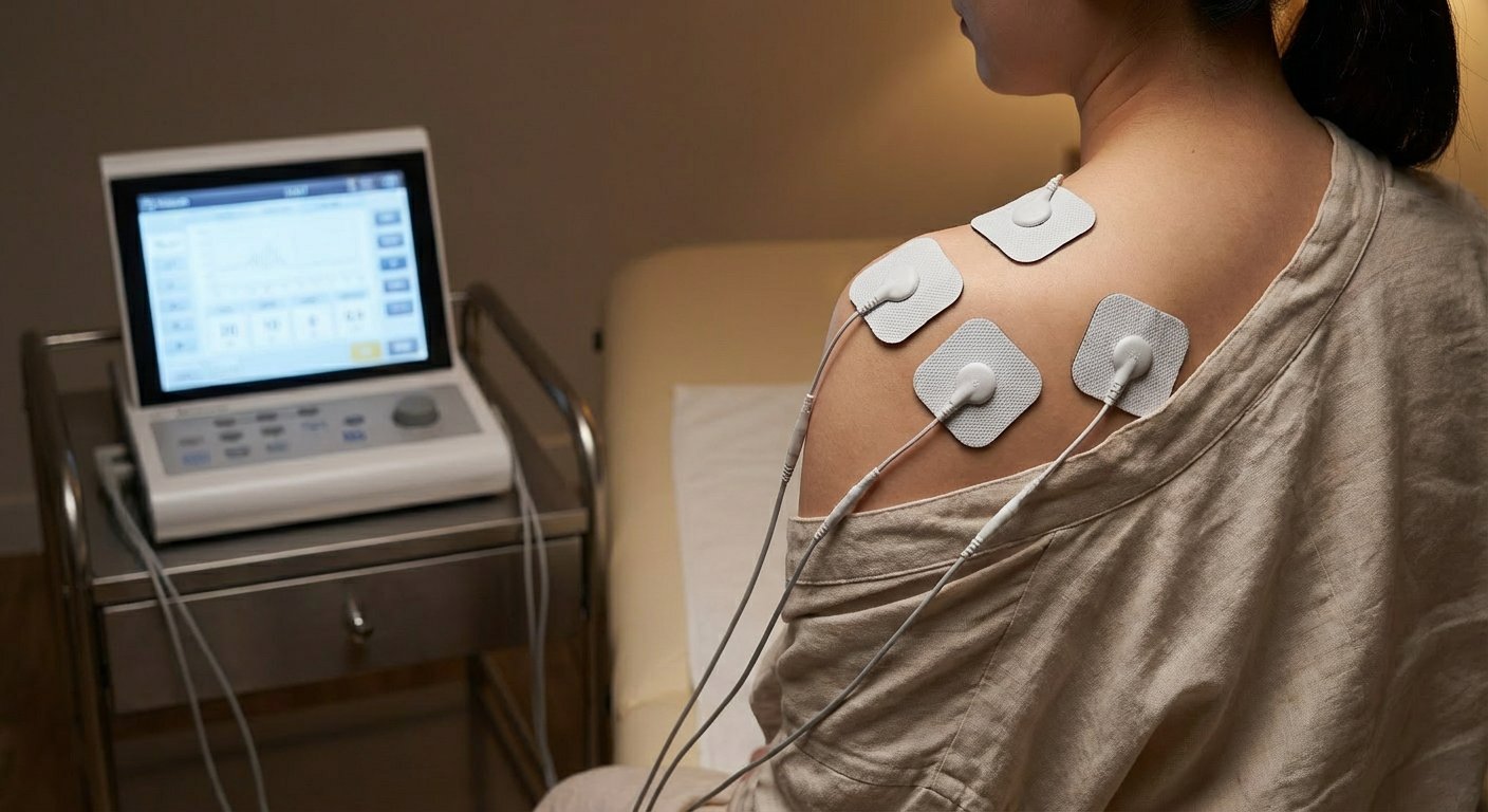 Patient receiving electric muscle stimulation therapy with electrodes