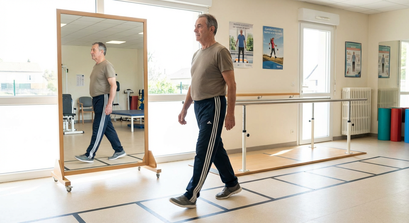 Patient performing gait training exercises in rehabilitation facility