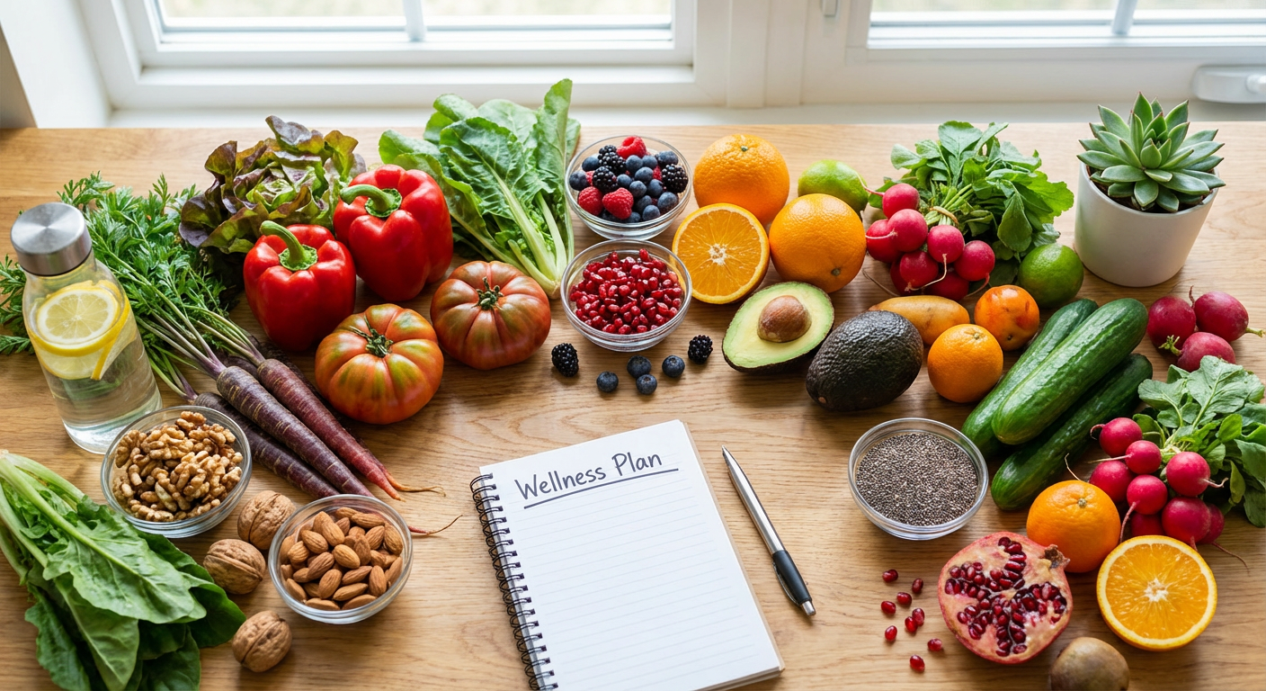 Fresh fruits, vegetables and wellness plan on table