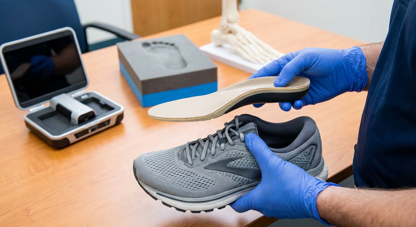 Custom orthotic insert being fitted into athletic shoe