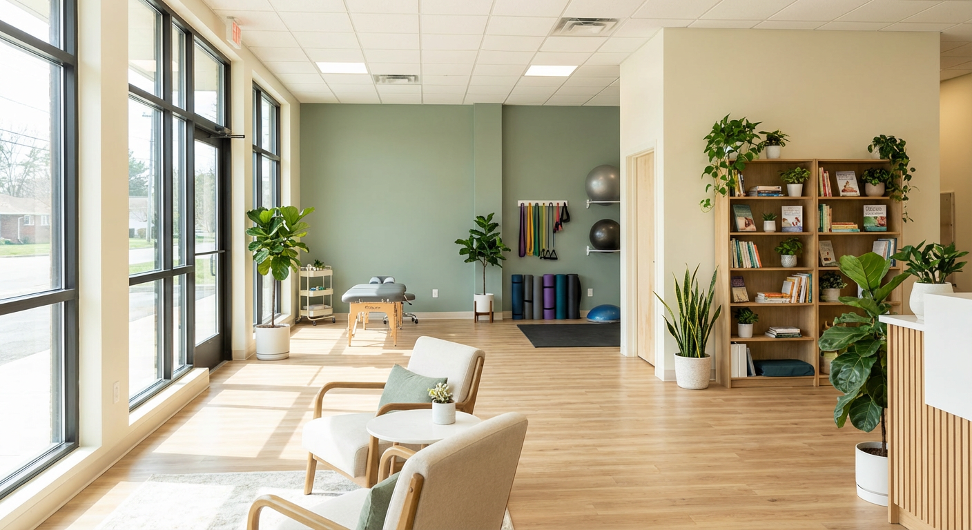 Modern wellness chiropractic clinic interior with exercise equipment and plants